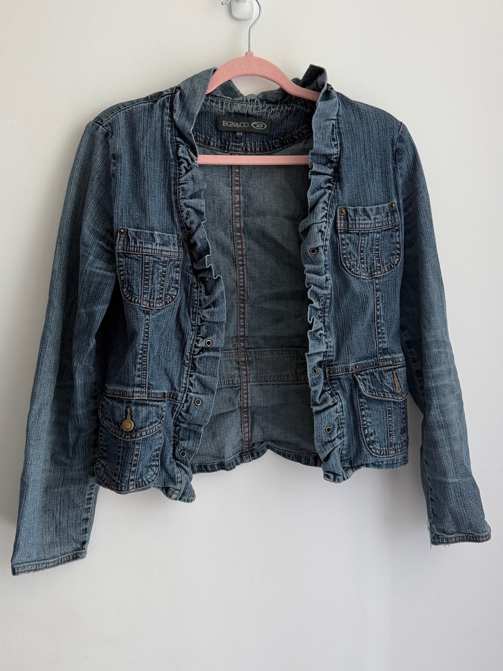 Ruffled Blue Denim Jacket with Feminine Trim - Picture 3 of 5